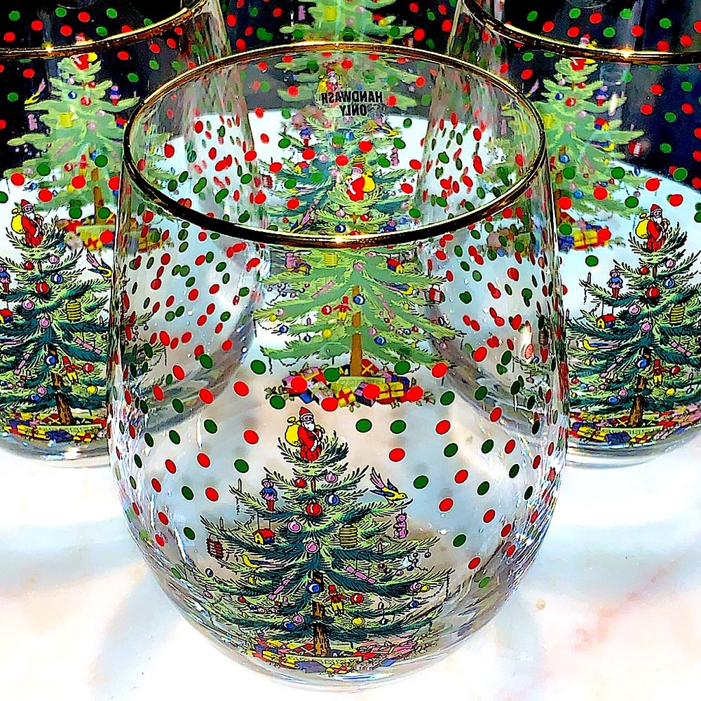 SPODE CHRISTMAS TREE STEMLESS WINE GLASSES SET OF 4 NIB 18 oz
